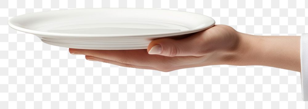 PNG  A man waitress hand is holding up a platter porcelain plate white. AI generated Image by rawpixel.