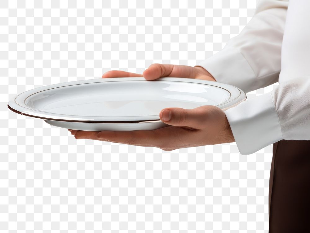 PNG  A man waitress hand is holding up a platter plate adult food. AI generated Image by rawpixel.