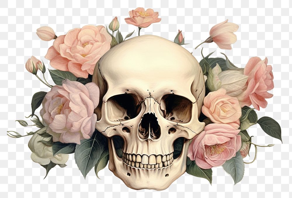 PNG Antique skull rose art painting. AI generated Image by rawpixel.