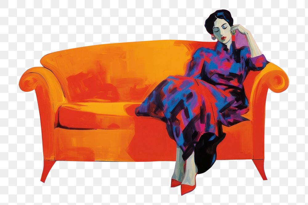 PNG Woman sitting on couch furniture painting adult. AI generated Image by rawpixel.