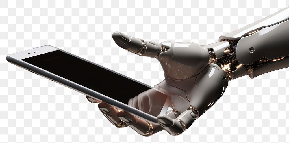 PNG 3d robot hand holding a tablet technology electronics spacecraft. 