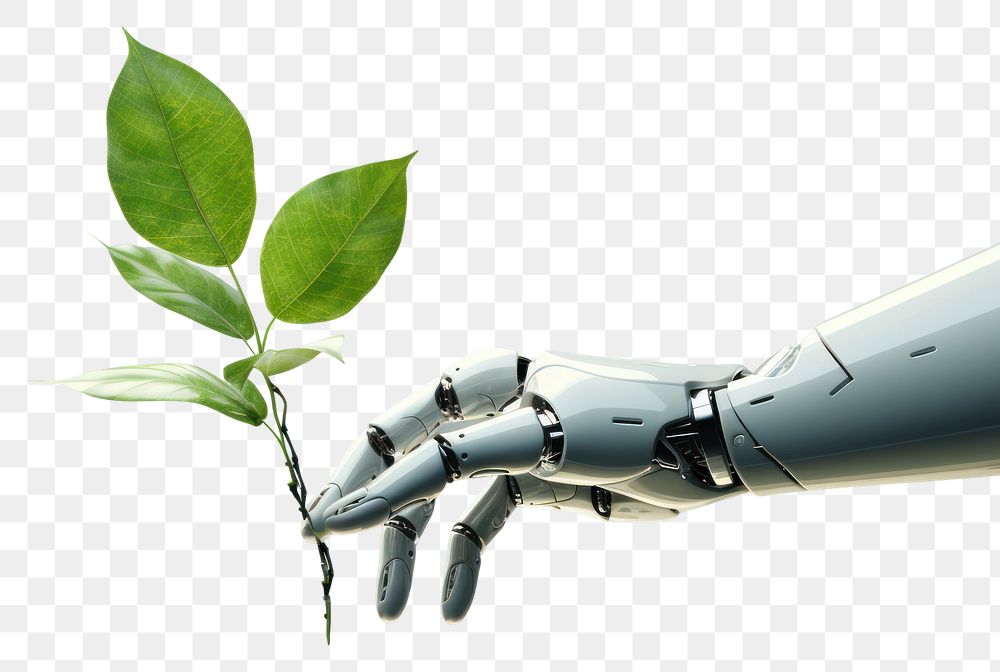 PNG 3d robot hand holding a green leaf technology plant transportation. 