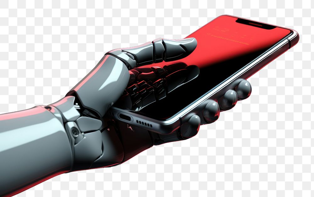 PNG 3d robot hand holding a mobile phone technology electronics appliance. AI generated Image by rawpixel.