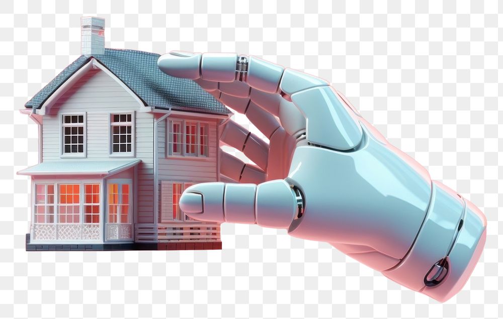 PNG 3d robot hand holidng a house toy architecture technology building. AI generated Image by rawpixel.