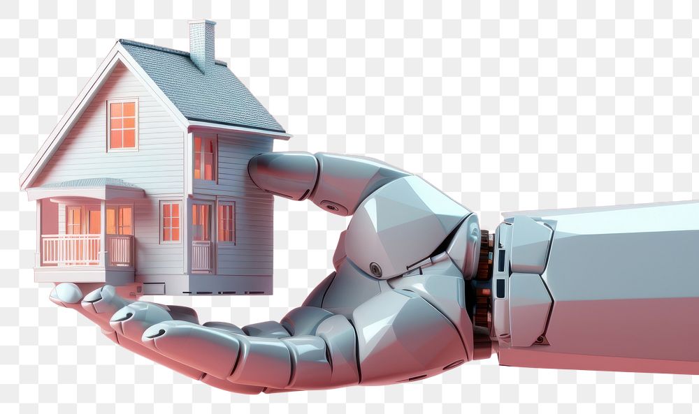 PNG 3d robot hand holidng a house toy architecture technology building. AI generated Image by rawpixel.