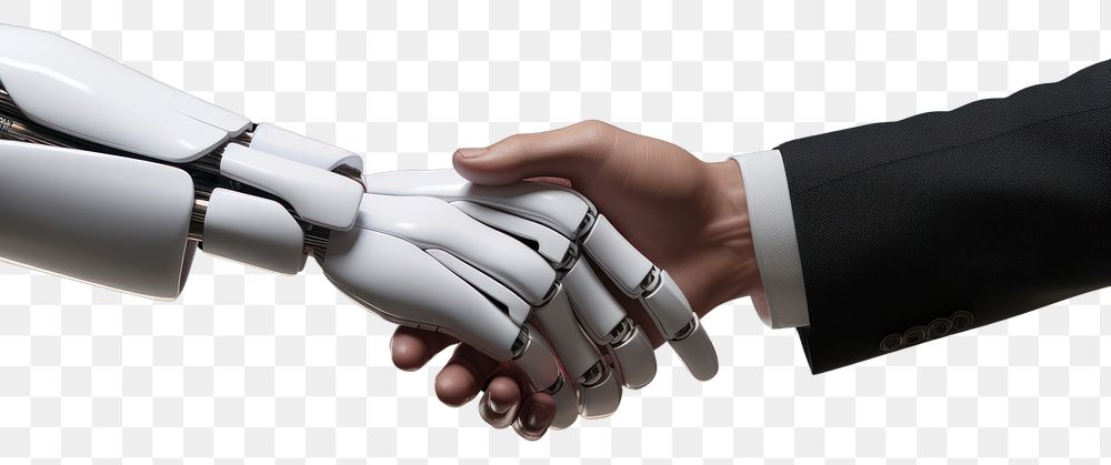 PNG 3d robot hand shaking hand with human hand technology handshake agreement. AI generated Image by rawpixel.