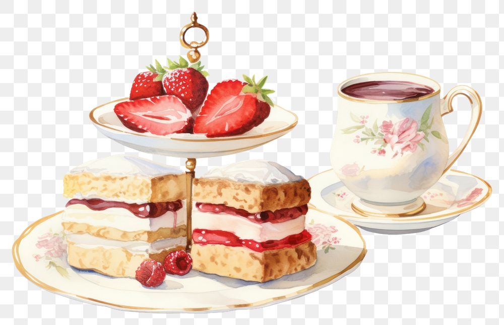 PNG English afternoon tea strawberry dessert saucer. AI generated Image by rawpixel.