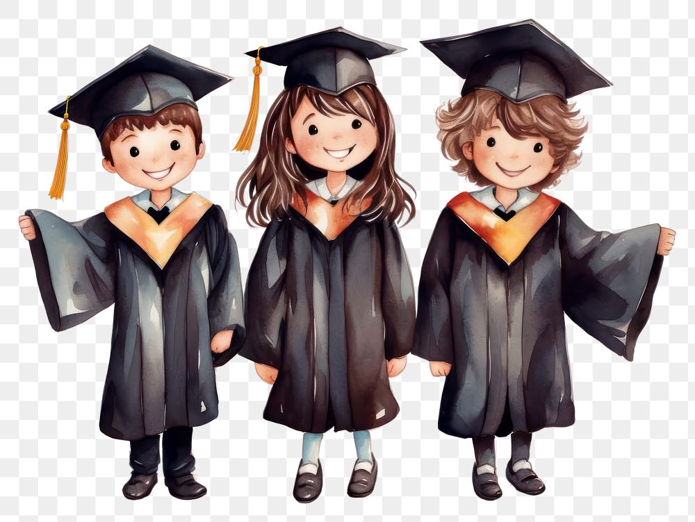 PNG  Three kids wearing graduation gown white background togetherness intelligence. AI generated Image by rawpixel.