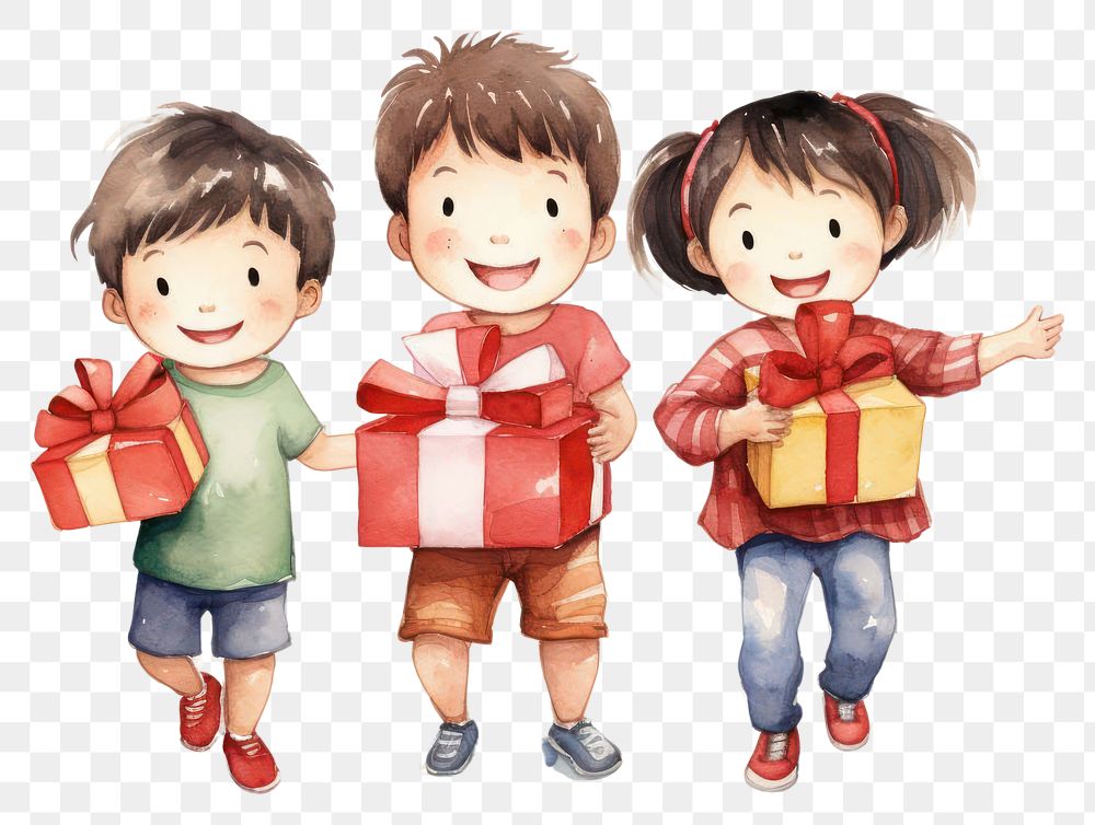 PNG  Three kid with gift child cute white background. AI generated Image by rawpixel.