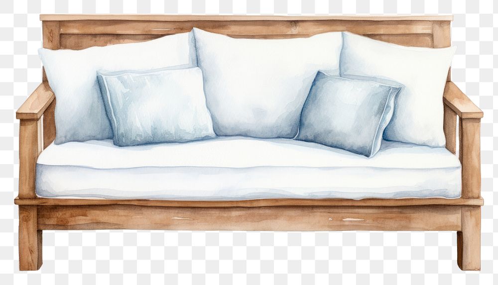 PNG Sofa with white pillow furniture cushion bench. AI generated Image by rawpixel.