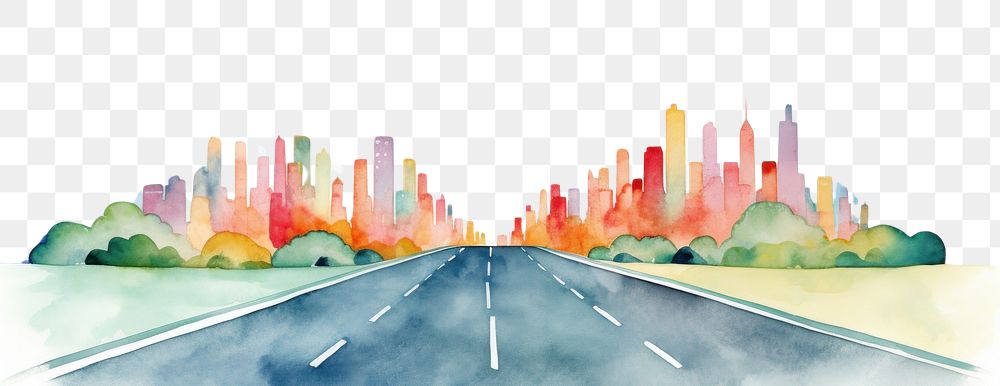 PNG  Road towards modern city painting outdoors sky. AI generated Image by rawpixel.