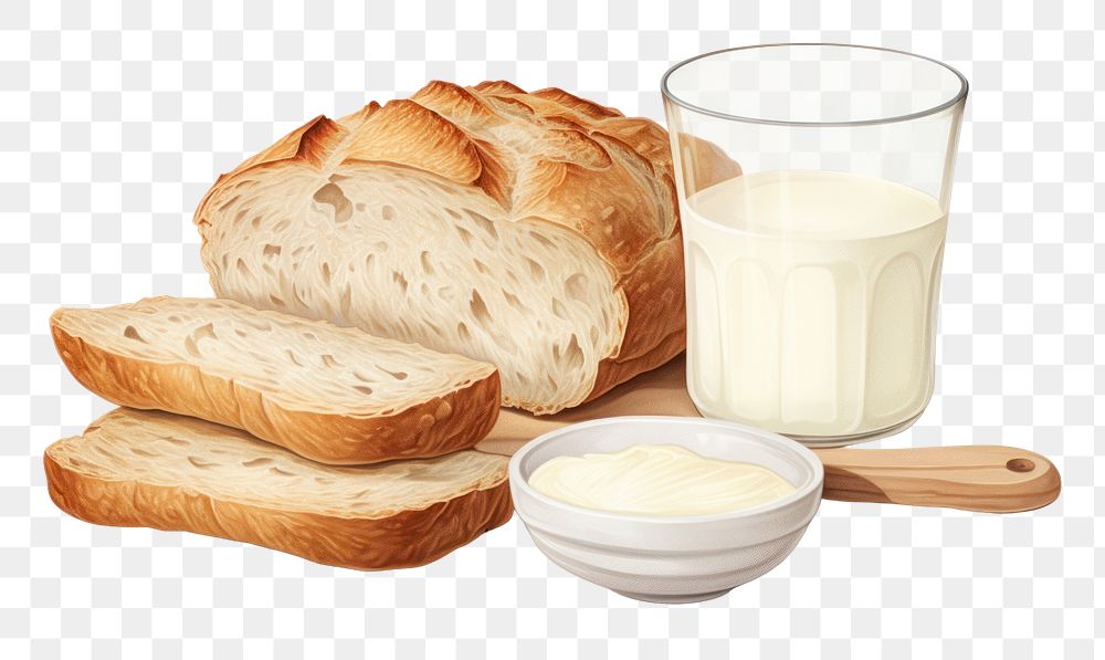 PNG Milk with Bread bread food refreshment. AI generated Image by rawpixel.