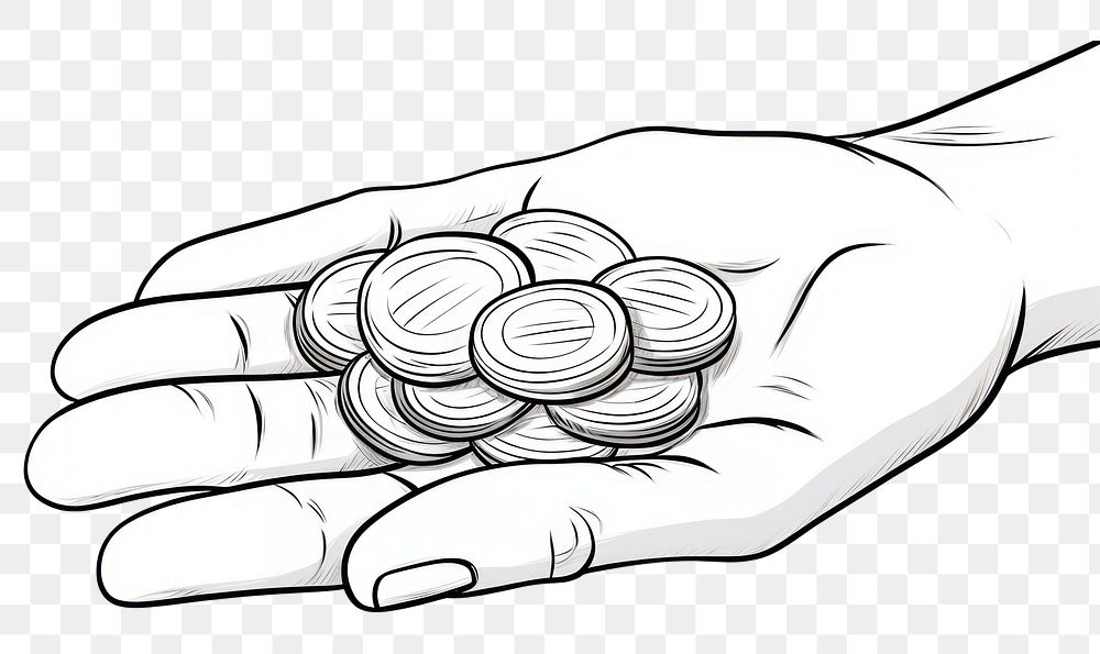 PNG Coins in a hand palm drawing sketch illustrated. 