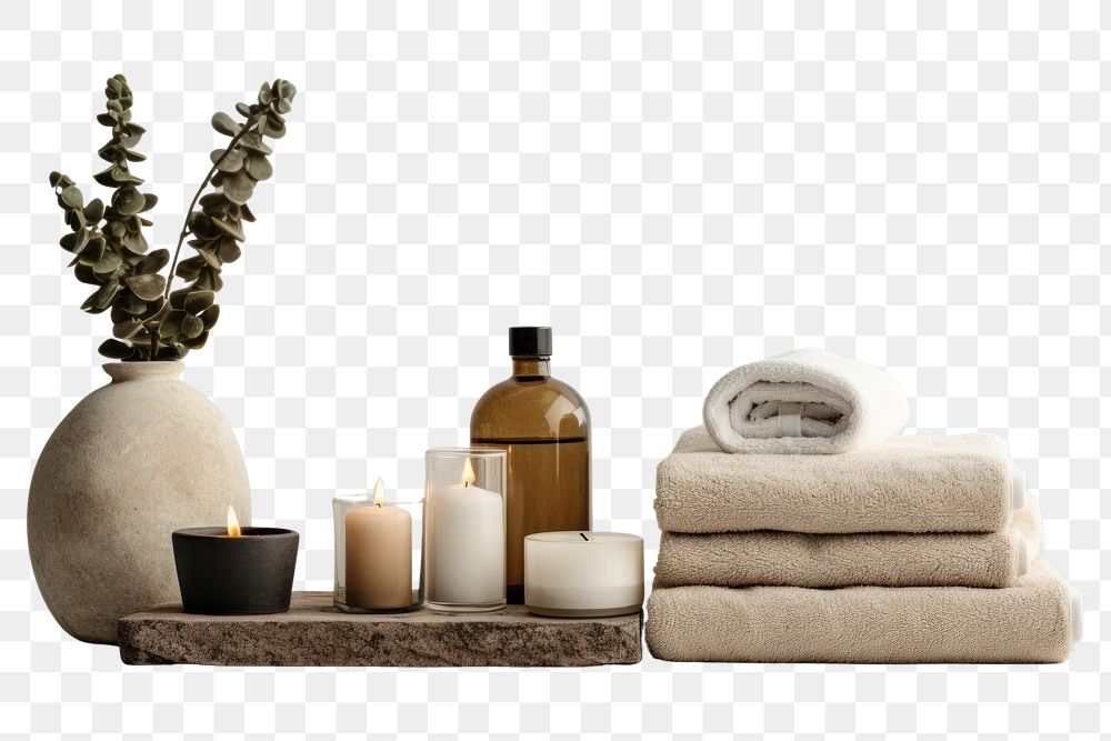 PNG  Beautiful Spa treatment set in minimal bathroom interior candle towel vase