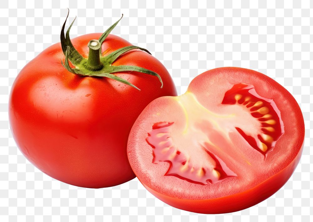 PNG Two fresh tomatoes whole and cut half vegetable plant food. AI generated Image by rawpixel.