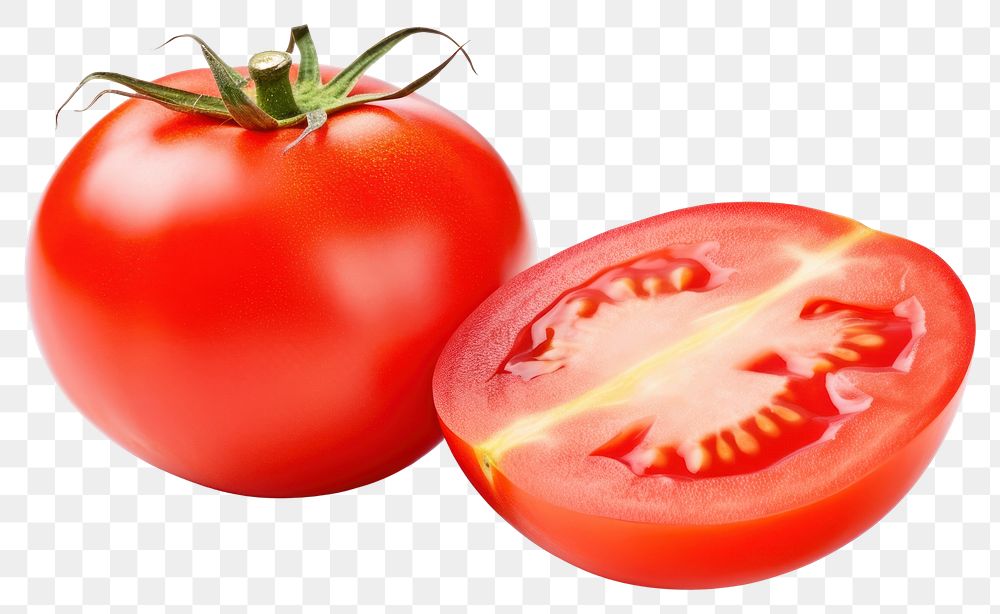 PNG Two fresh tomatoes whole and cut half vegetable fruit plant. AI generated Image by rawpixel.