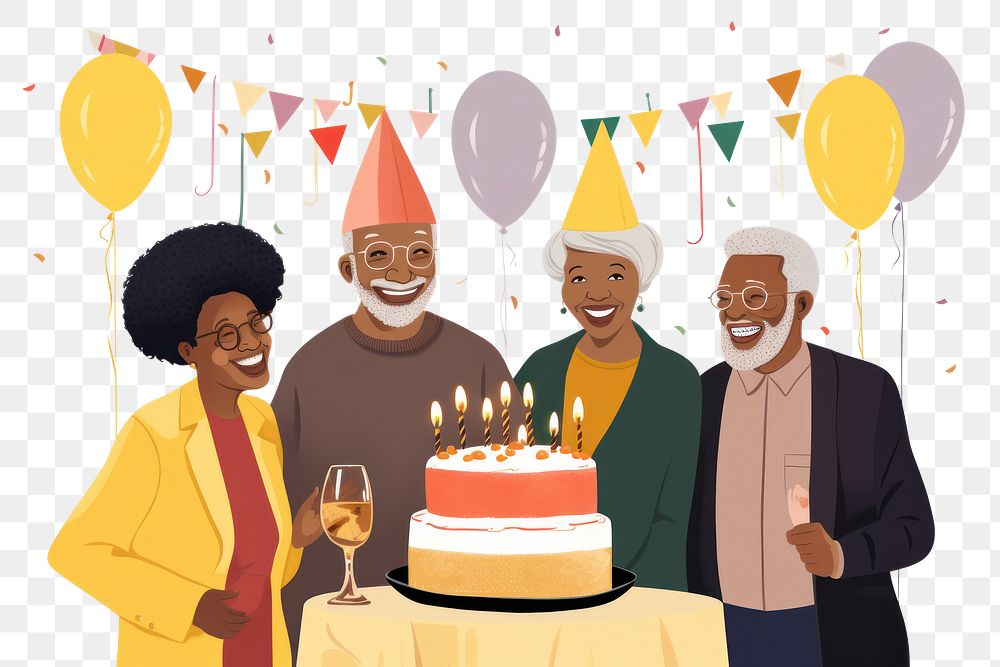 PNG Elderly black people birthday balloon dessert. AI generated Image by rawpixel.