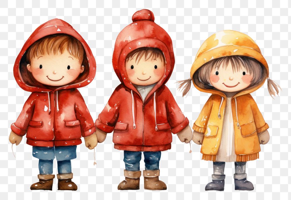PNG  Three children standing and Wear a red raincoat and play in the rain cute togetherness friendship. AI generated Image…