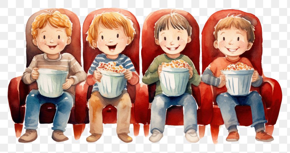 PNG  Three children sat watching a movie chair portrait popcorn. AI generated Image by rawpixel.