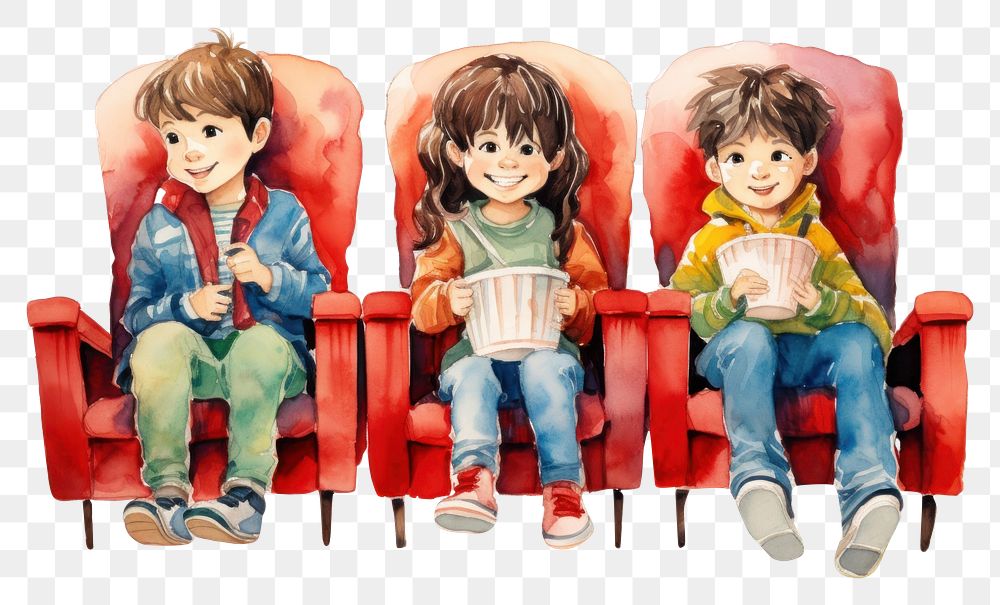 PNG  Three children sat watching a movie chair furniture popcorn. AI generated Image by rawpixel.