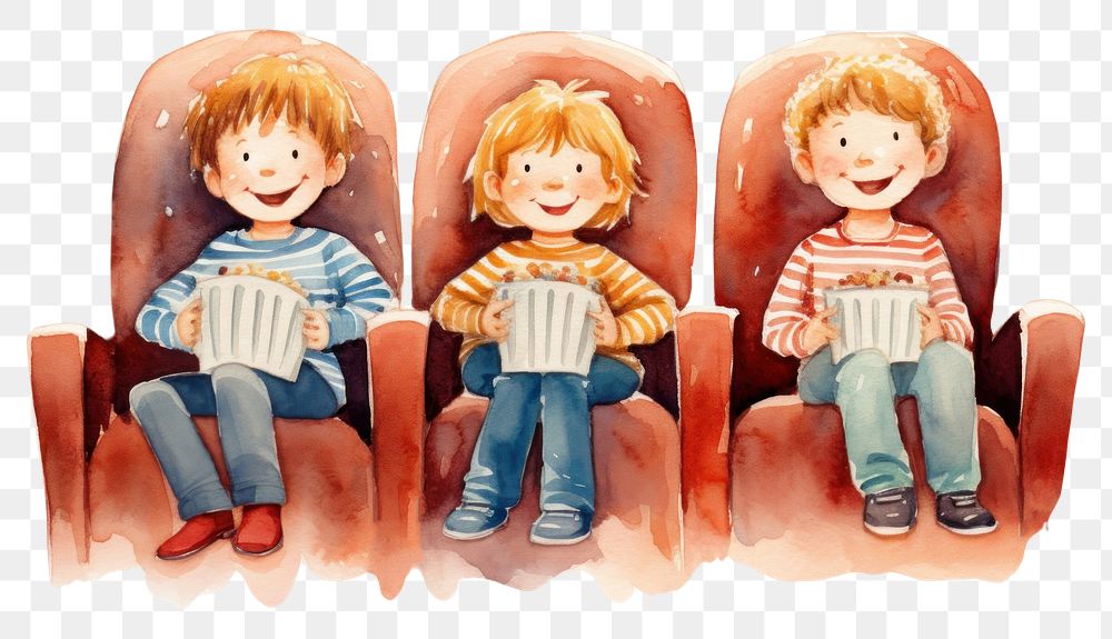 PNG  Three children sat watching a movie furniture popcorn chair. AI generated Image by rawpixel.
