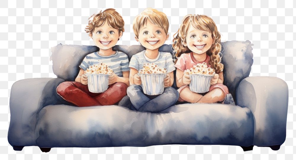 PNG  Three children sat watching a movie furniture portrait cute. 