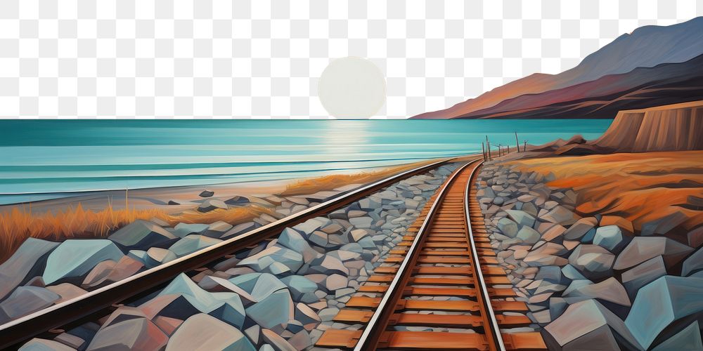 PNG  Seaside railway landscape outdoors painting. AI generated Image by rawpixel.
