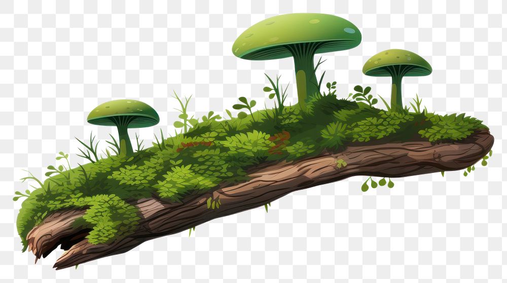PNG A Green moss on rotten branch with mushroom green outdoors fungus. AI generated Image by rawpixel.