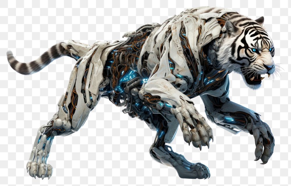 PNG Cyborg tiger leaping wildlife animal mammal. AI generated Image by rawpixel.