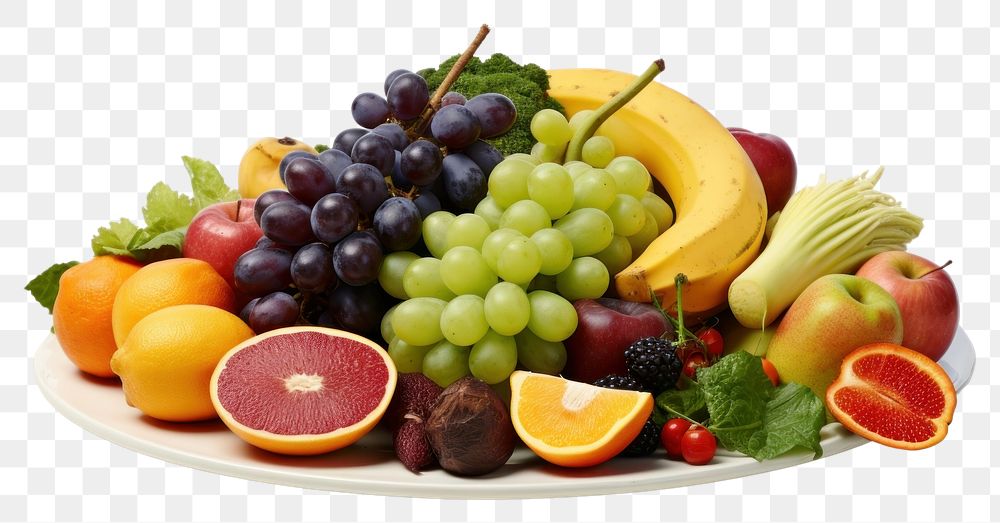 PNG  Fruits and vegetables placed together on plate pineapple grapes berry. AI generated Image by rawpixel.