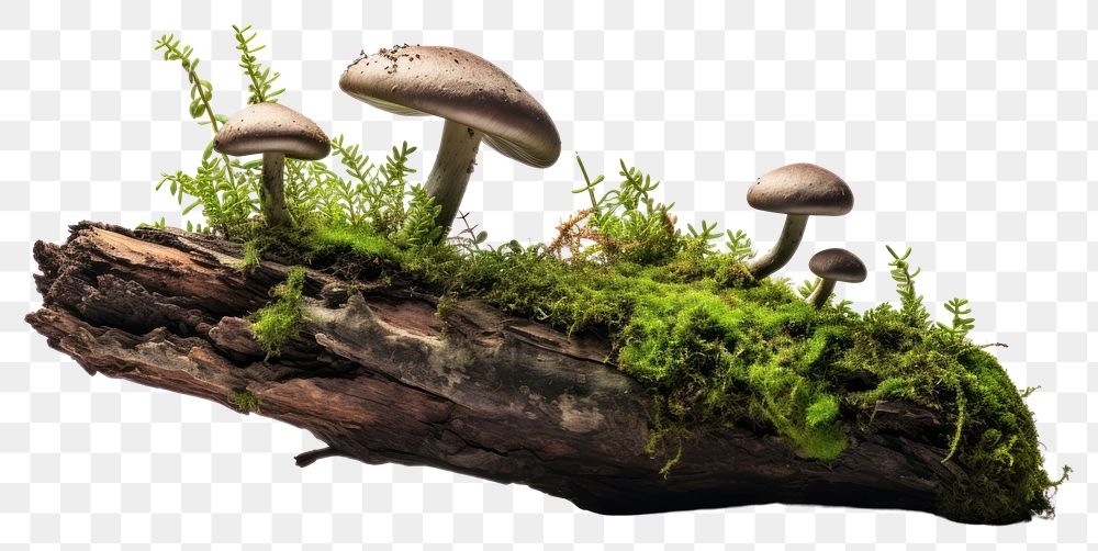 PNG A Green moss on rotten branch with mushroom fungus plant green. AI generated Image by rawpixel.
