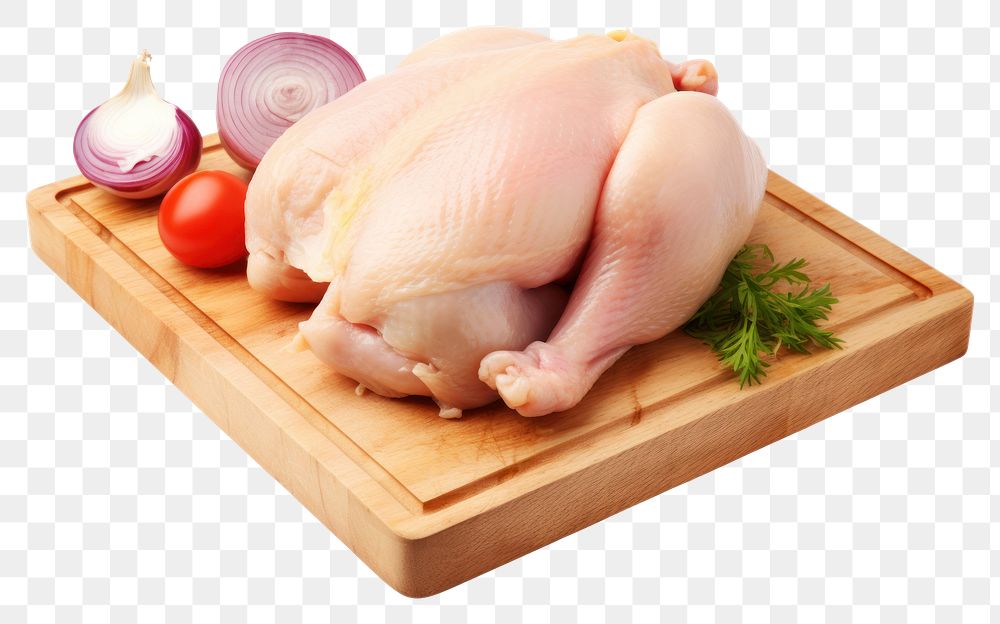PNG A raw chicken on cutting board food bird white background. AI generated Image by rawpixel.