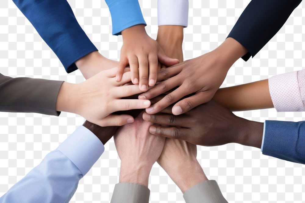 PNG Close up top view of young business people putting their hands together teamwork success unity. AI generated Image by…