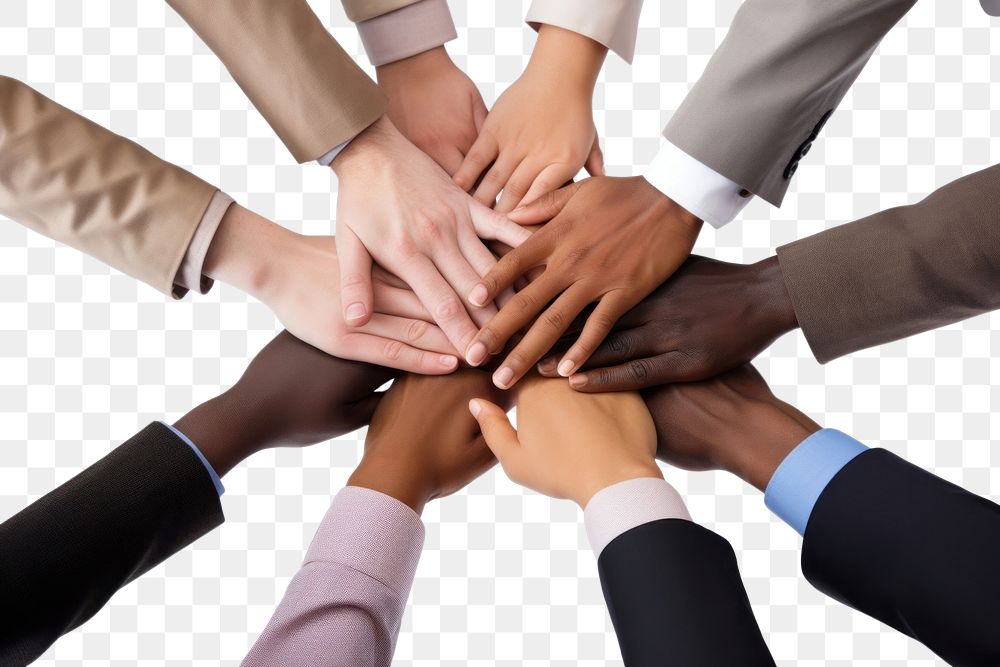 PNG Close up top view of young business people putting their hands together teamwork success unity. AI generated Image by…