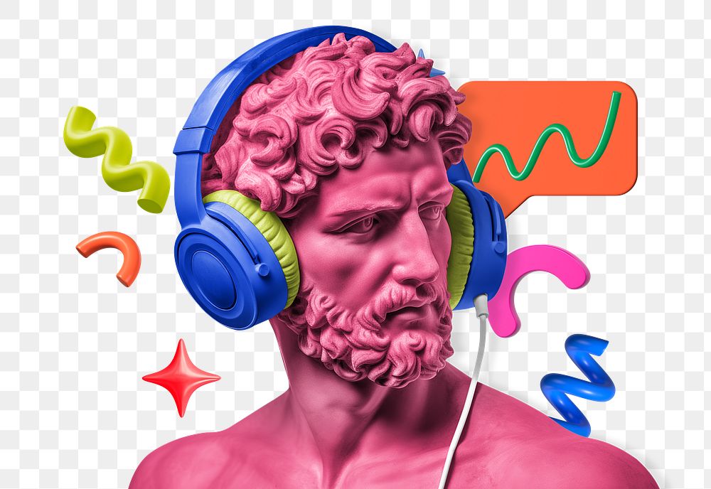 Greek statue wearing headphones png, transparent background
