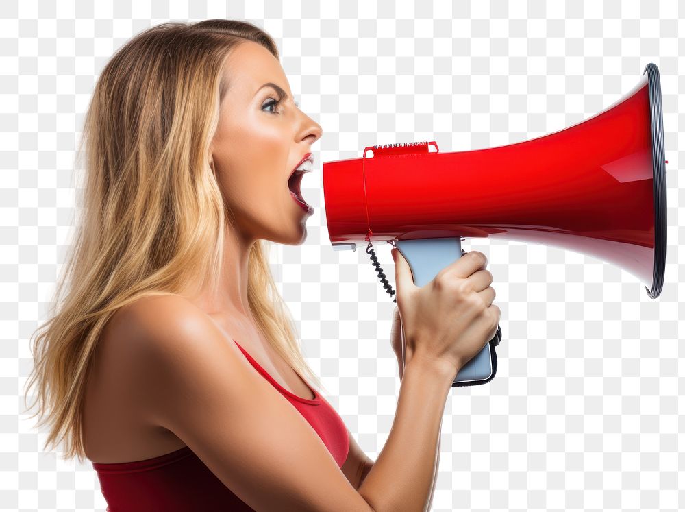 PNG Woman using megaphone shouting adult white background. AI generated Image by rawpixel.