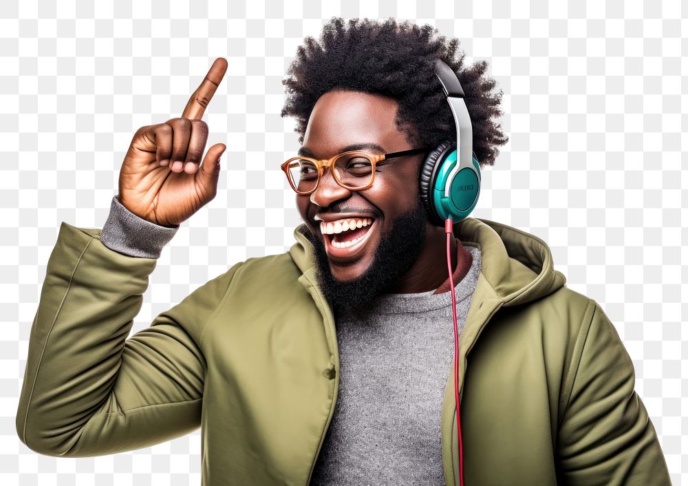PNG African american man enjoy music while finger pointing to his ear headphones headset adult. 