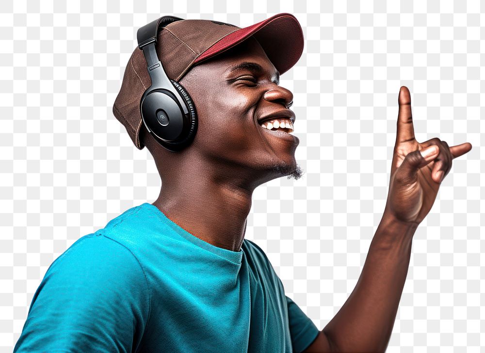 PNG African american man enjoy music while finger pointing to sky headphones portrait headset. AI generated Image by…