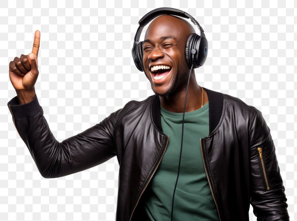 PNG African american man enjoy music while finger pointing to sky headphones laughing headset. AI generated Image by…