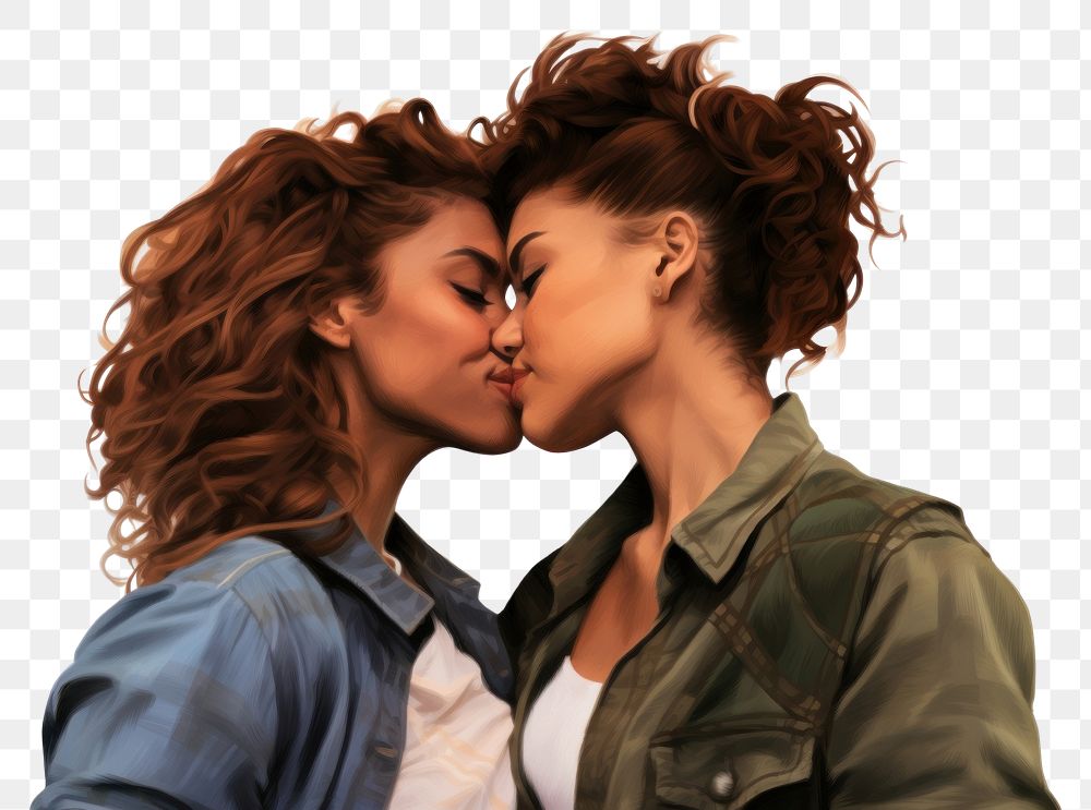 PNG Brown lesbian couple kissing adult white background affectionate. AI generated Image by rawpixel.