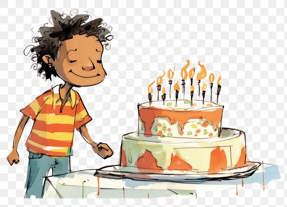 PNG Black kid blow birthday cake dessert drawing cartoon. AI generated Image by rawpixel.