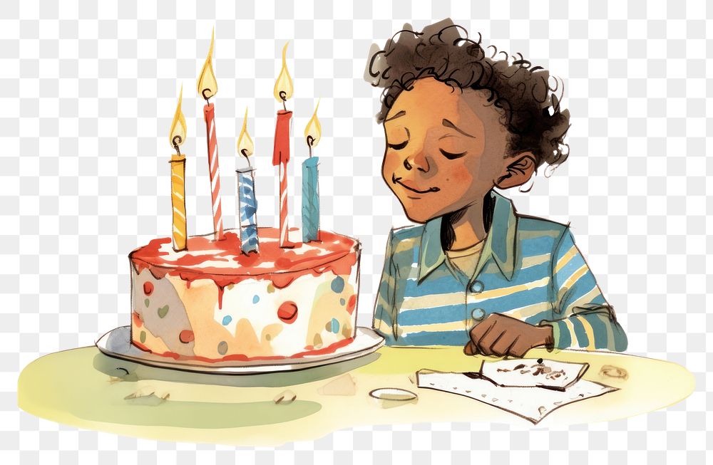 PNG Black kid blow birthday cake dessert cartoon candle. AI generated Image by rawpixel.