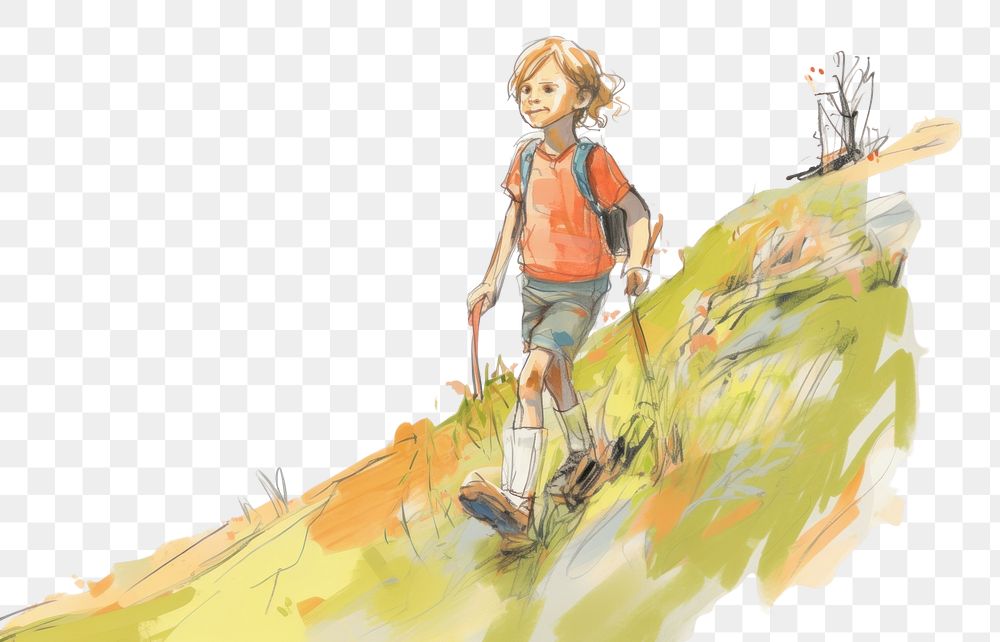 PNG Kid hiking on hill adventure outdoors drawing. AI generated Image by rawpixel.