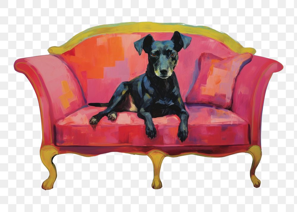 PNG Dog sitting on couch dog furniture painting. AI generated Image by rawpixel.