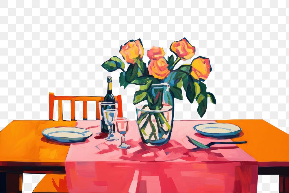 PNG Dinner table with rose in vase painting restaurant furniture. AI generated Image by rawpixel.