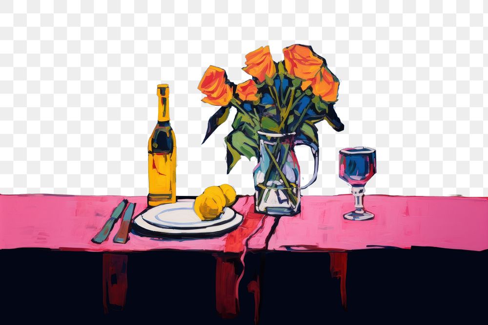 PNG Dinner table with rose in vase painting restaurant glass. AI generated Image by rawpixel.