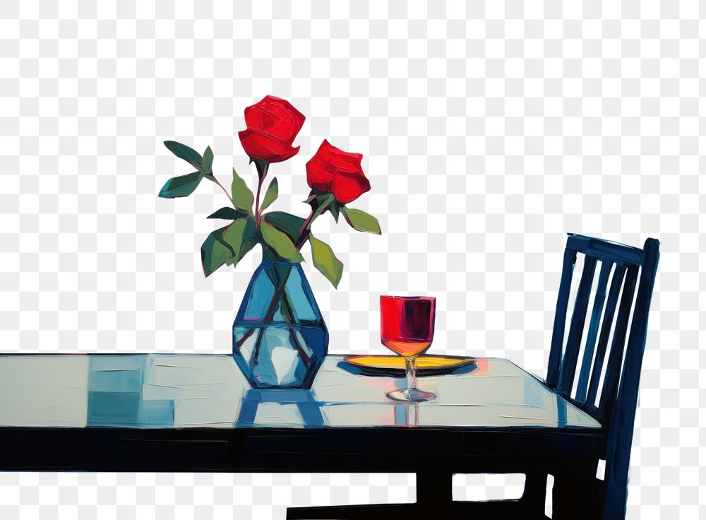 PNG Dinner table with rose in vase painting furniture flower. AI generated Image by rawpixel.