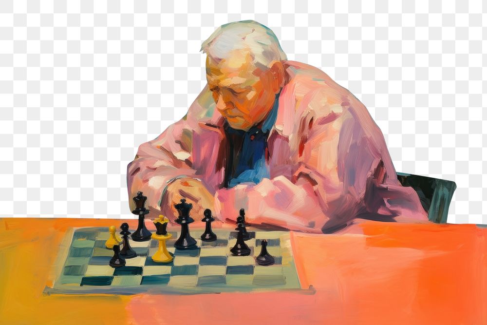 PNG Chubby old man playing chess painting game concentration. AI generated Image by rawpixel.