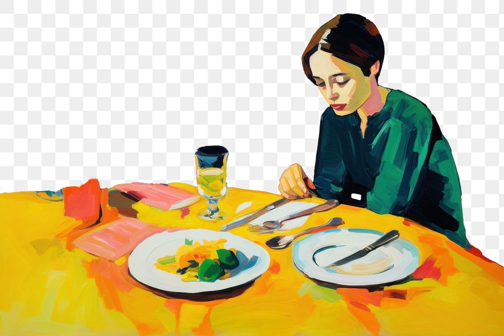PNG Woman eat dinner painting table plate. AI generated Image by rawpixel.