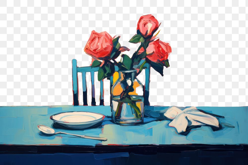 PNG Dinner table with rose in vase painting flower plant. AI generated Image by rawpixel.
